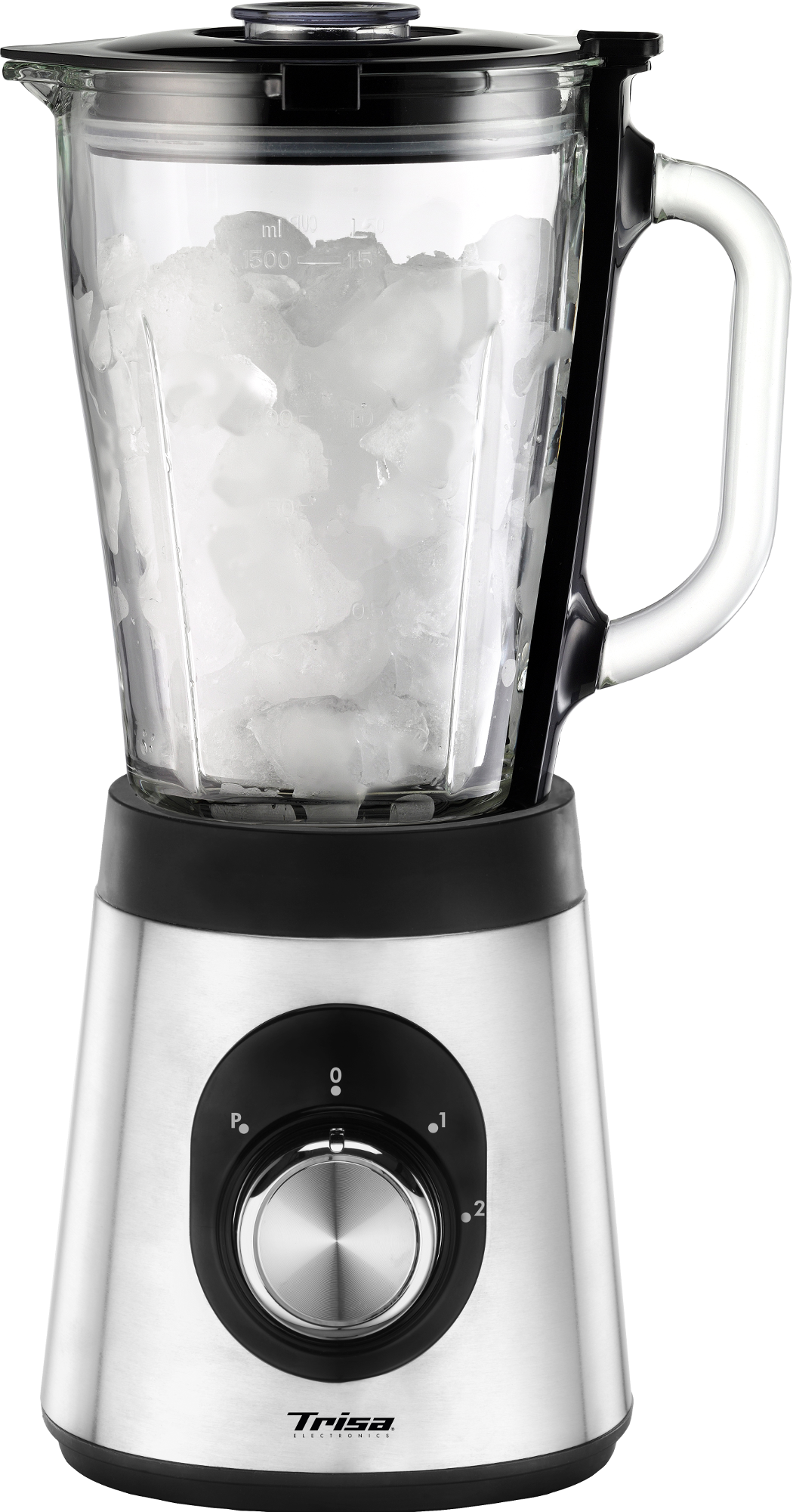 Ein Mixer mit Eis, mit einem schwarzen und silbernen Sockel, vor weißem Hintergrund.