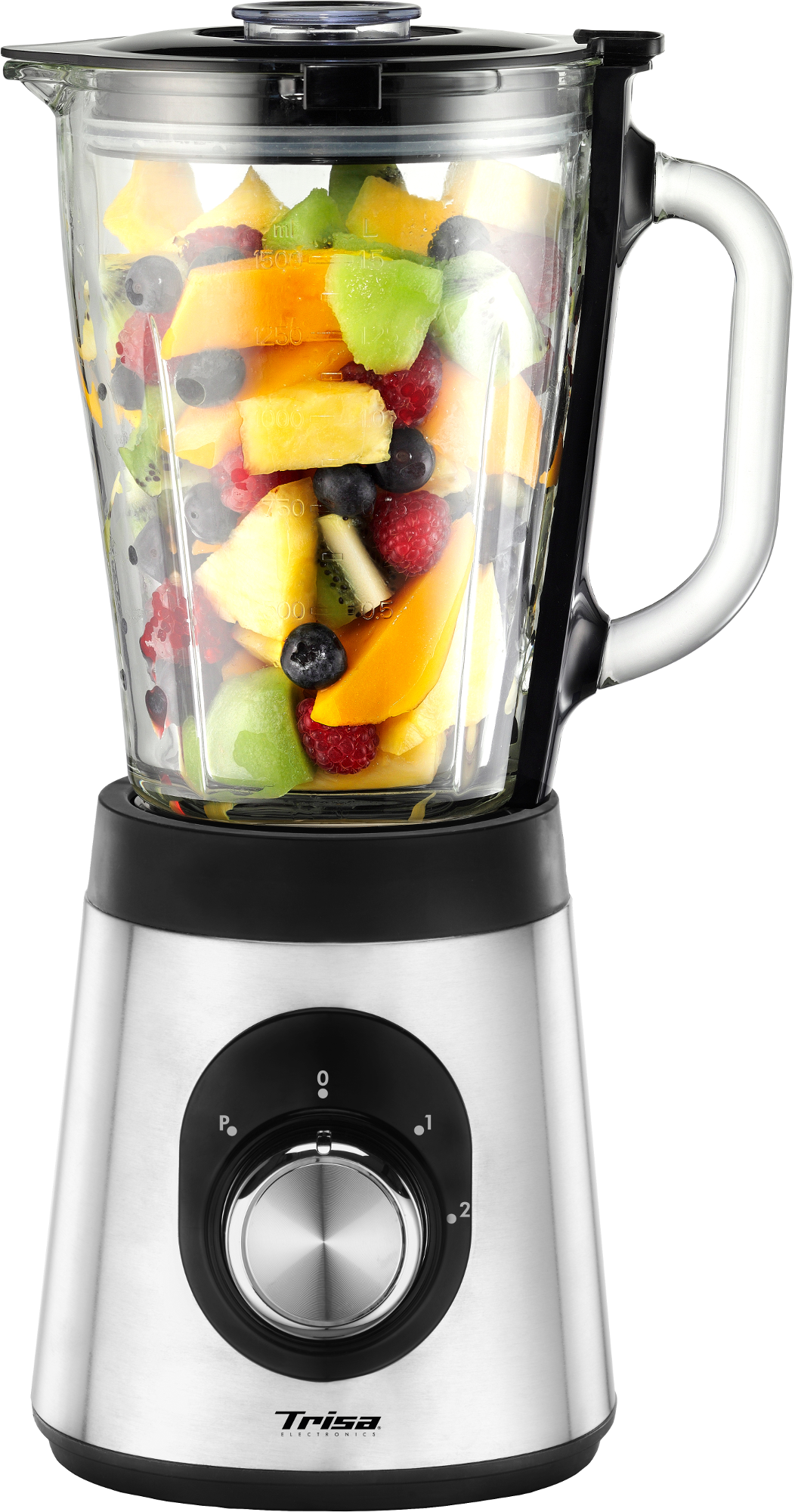 Mixer mit Obst, Edelstahlbasis, schwarze Bedienelemente.