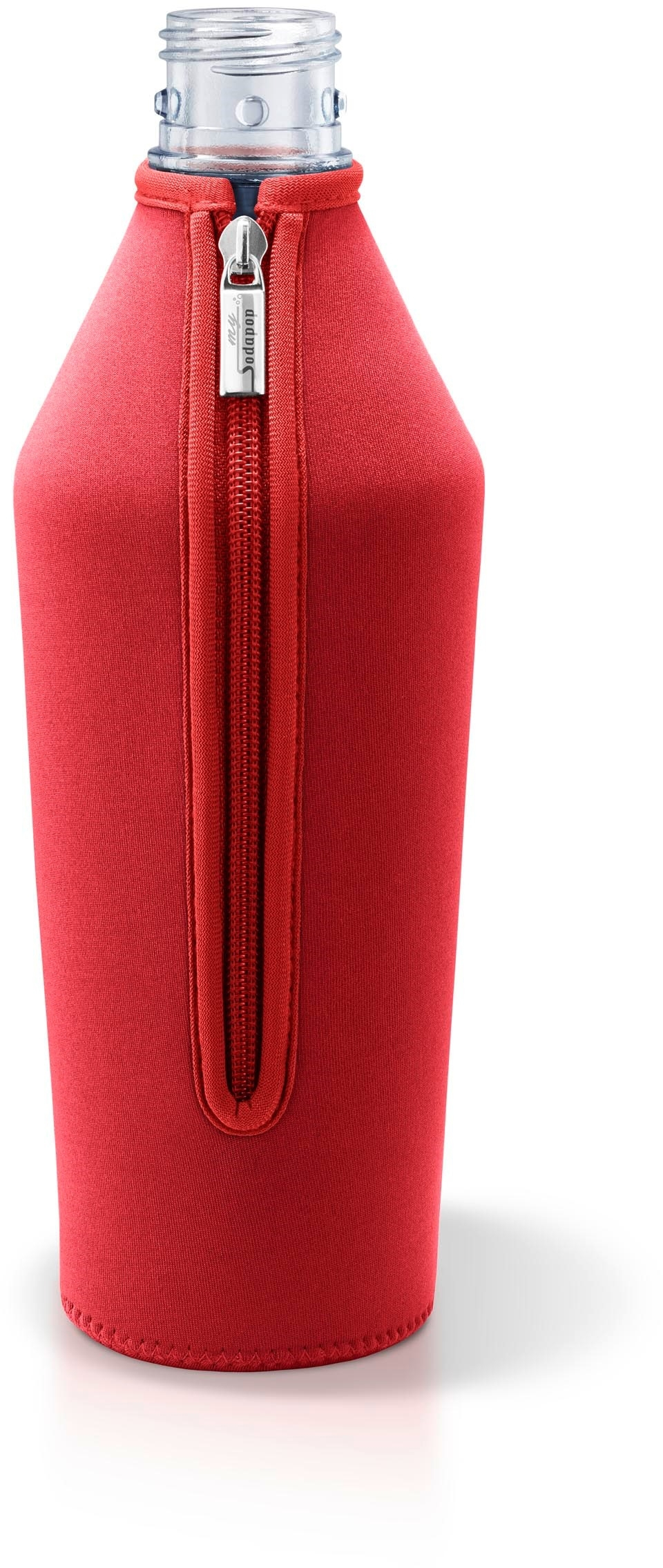 Rote Wasserflasche mit schwarzem Reißverschluss. Der Reißverschluss ist silberfarben.