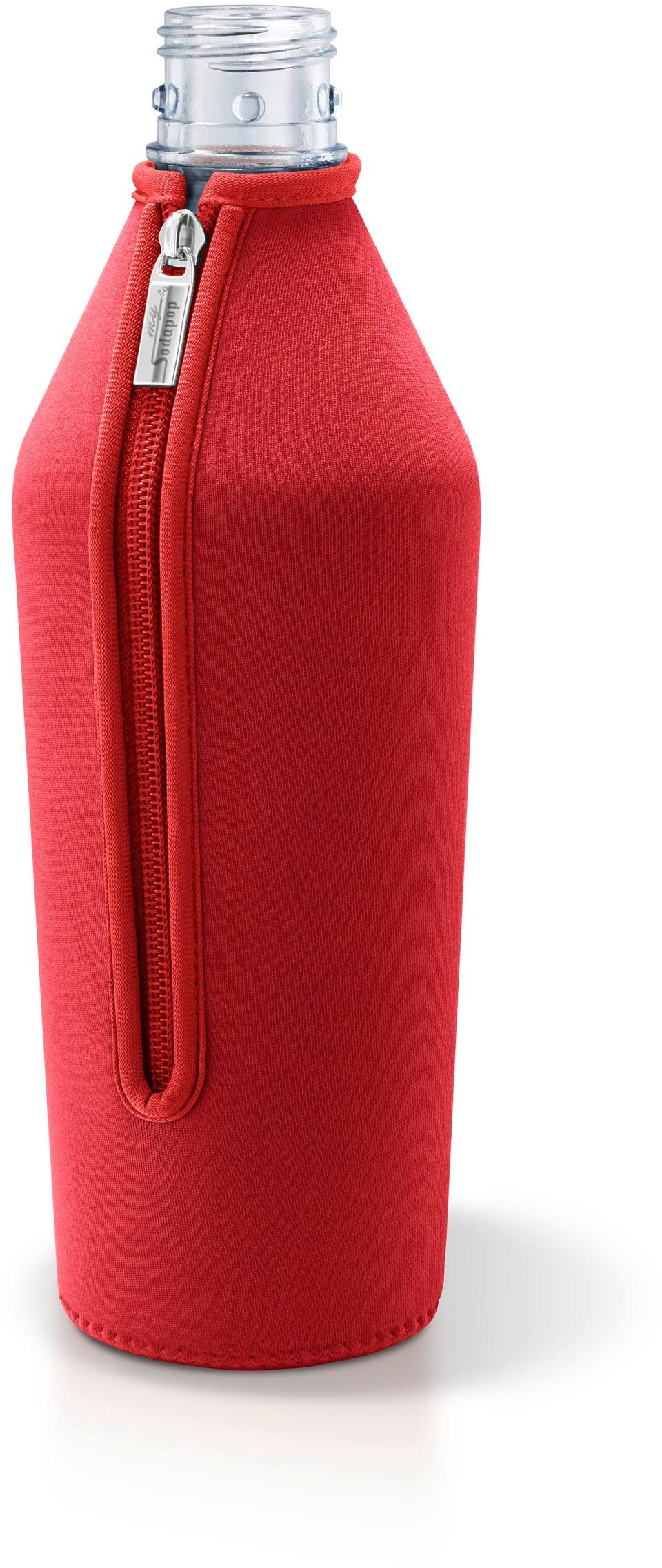 Rote Wasserflasche mit Reißverschluss in einer roten isolierten Hülle.