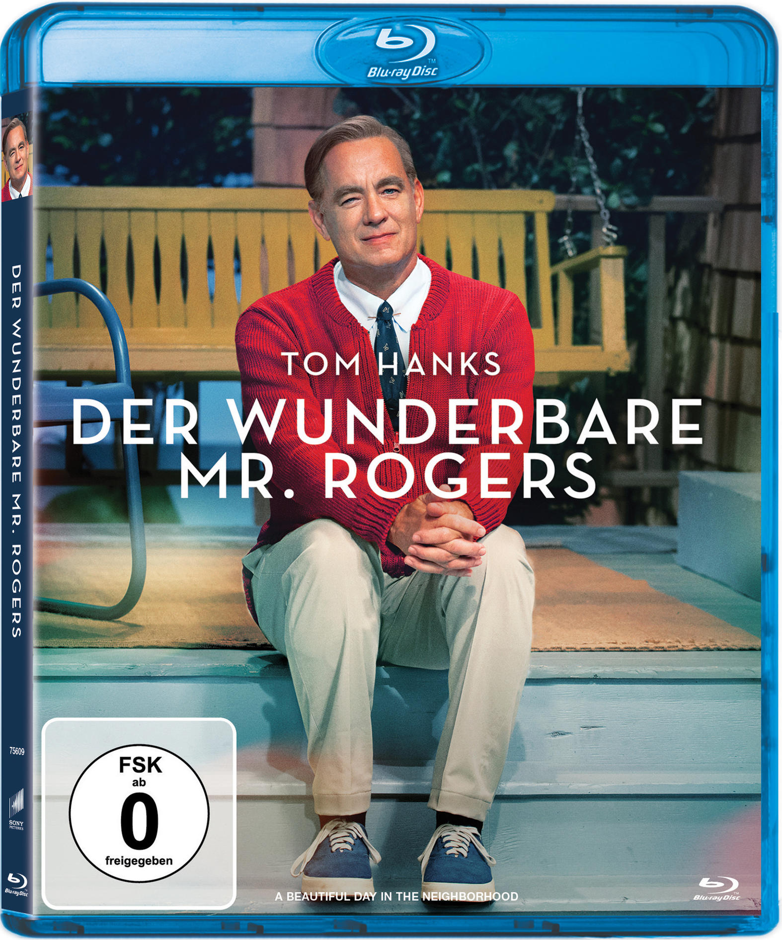 Blu-ray-Cover: Tom Hanks auf einer Veranda, Titel auf Deutsch, 'Der Wunderbare Mr. Rogers'.