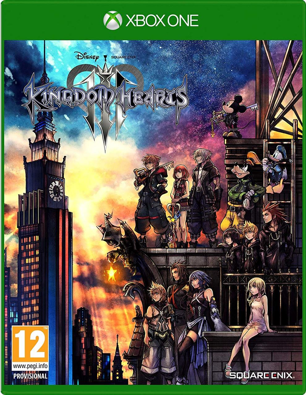Portada del juego Kingdom Hearts III. Personajes en una azotea, fondo de puesta de sol, con personajes de Disney.