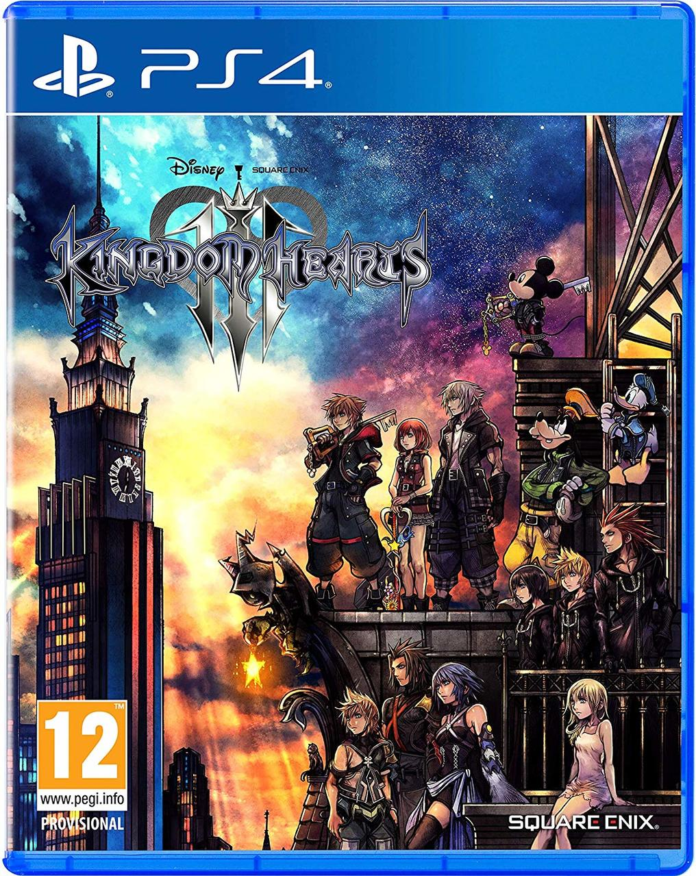 Portada del juego de PS4: 'Kingdom Hearts III', con personajes y un fondo de ciudad, con una caja azul.
