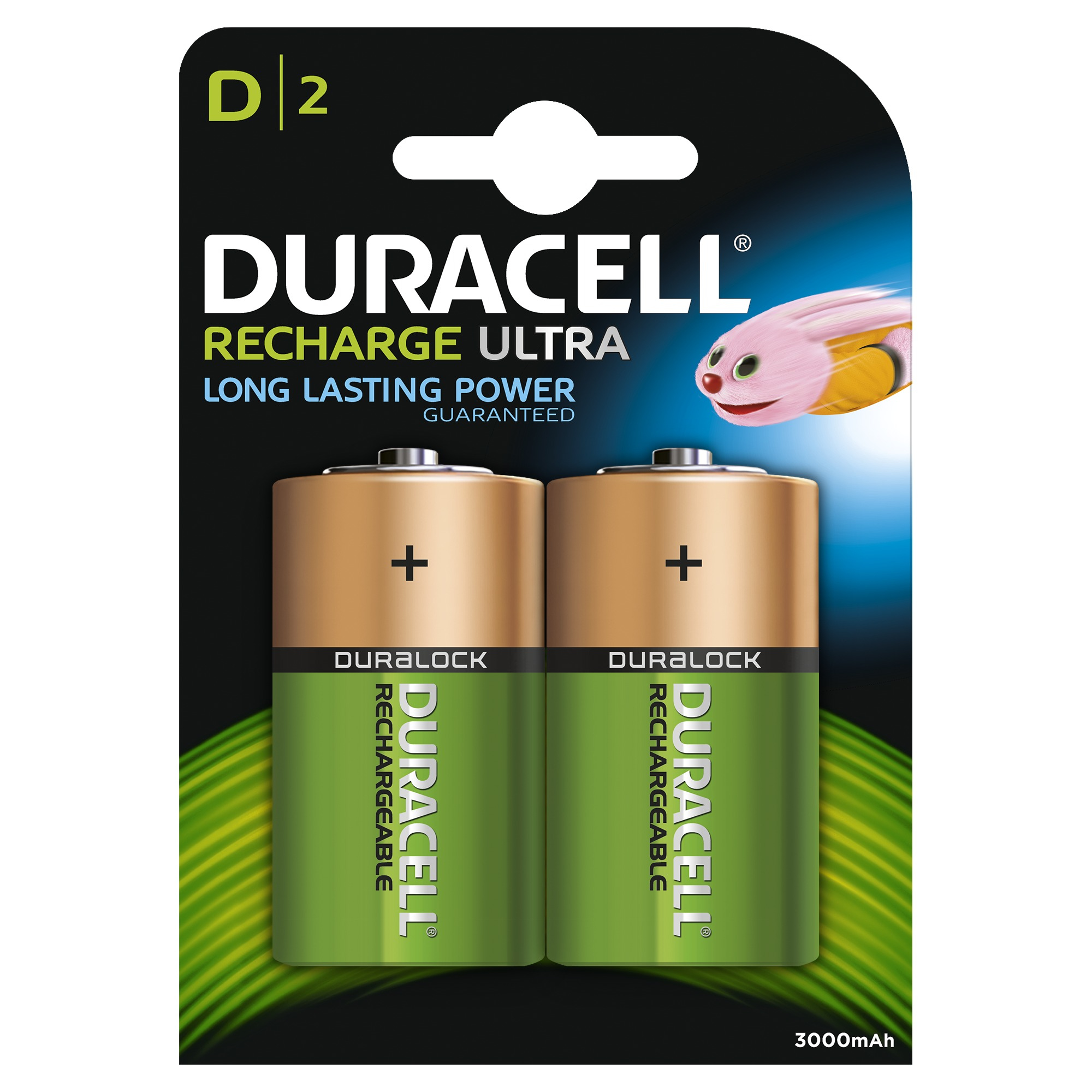 Zwei Duracell-Batterien, Größe D2, mit einem Cartoon-Hasen auf der Verpackung.
