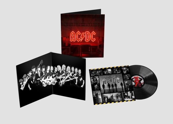 AC/DC-Album, Schallplatte mit Albumcover, Bandmitglieder und Konzertbühne.