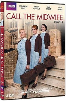 Pochette DVD de "Call the Midwife". Trois femmes en robes bleues, marchant. Le titre est écrit sur la pochette.