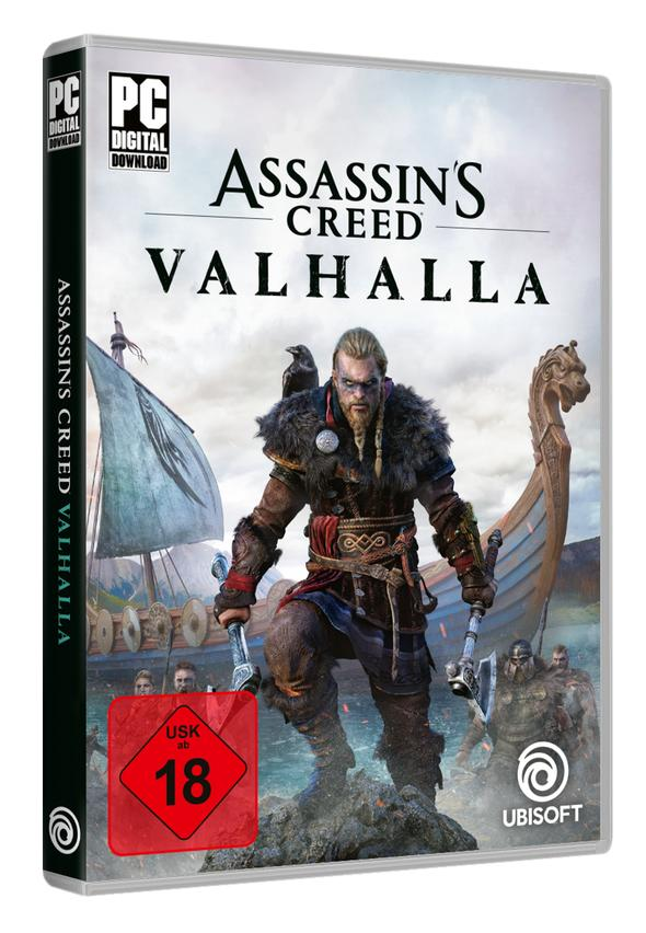 Spielverpackung von Assassin's Creed Valhalla mit Wikinger-Krieger.