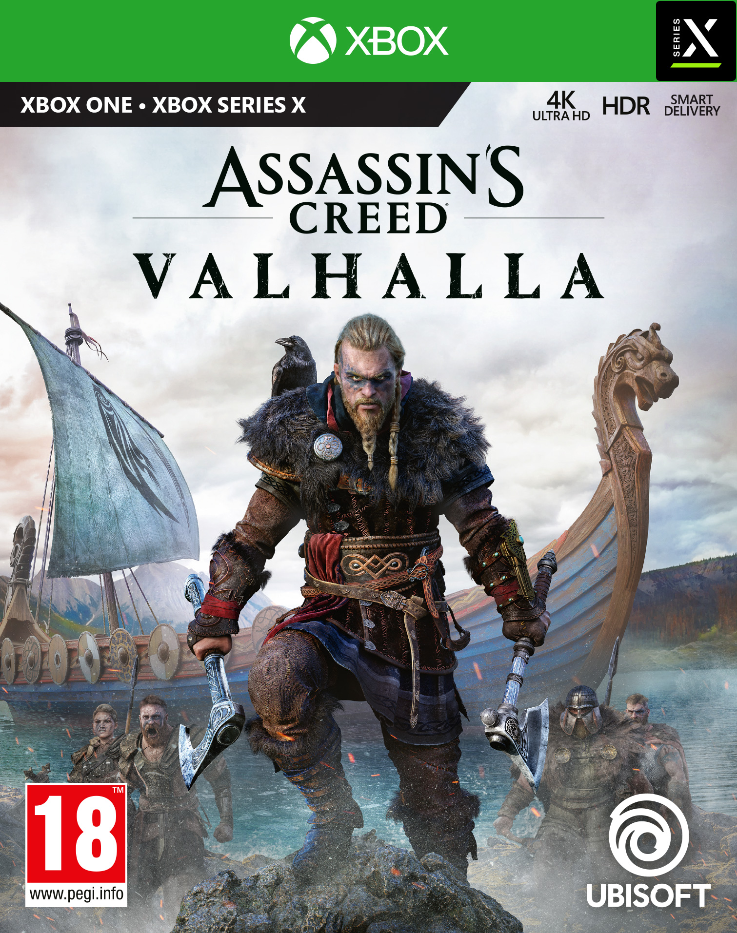 Assassin's Creed Valhalla game cover. Een man met bijlen op een boot.
