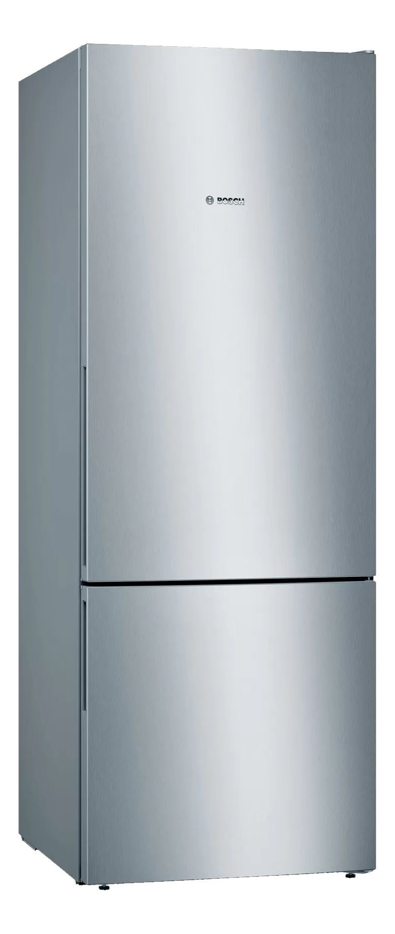 Un réfrigérateur Bosch en acier inoxydable, avec congélateur en bas et deux portes.