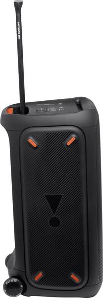 Haut-parleur JBL Partybox 310 noir. Il possède une poignée rétractable, des roues et des touches orange. Le haut-parleur a une façade texturée.