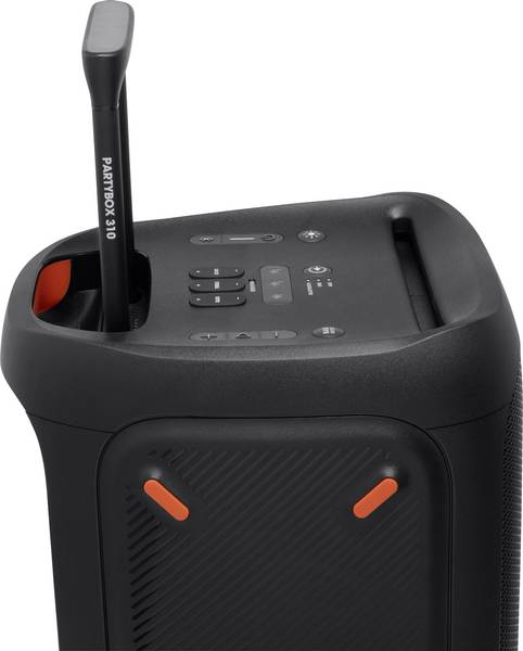 Enceinte PartyBox 310 noire avec poignée. Boutons de commande sur le dessus. Accents orange sur le devant et autour de la fente de la poignée.