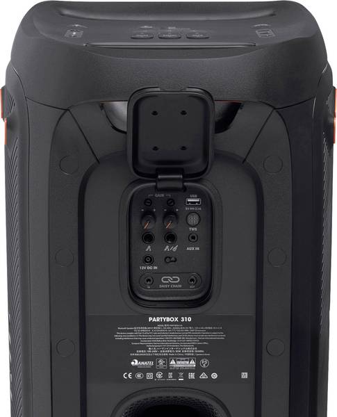 Haut-parleur Partybox 310 noir. Il dispose d'un panneau de contrôle avec divers ports et boutons, dont USB et AUX, à l'arrière.