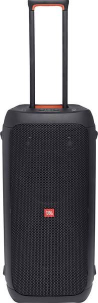 Enceinte portable JBL noire avec poignée. Elle a une façade en maille et un logo rouge. La poignée est noire avec un dessus orange.