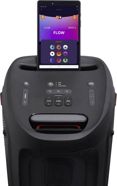 Une enceinte noire avec une tablette affichant une application de spectacle de lumière. L'application affiche 'FLOW' et des options de couleurs. Les commandes sont sur l'enceinte.