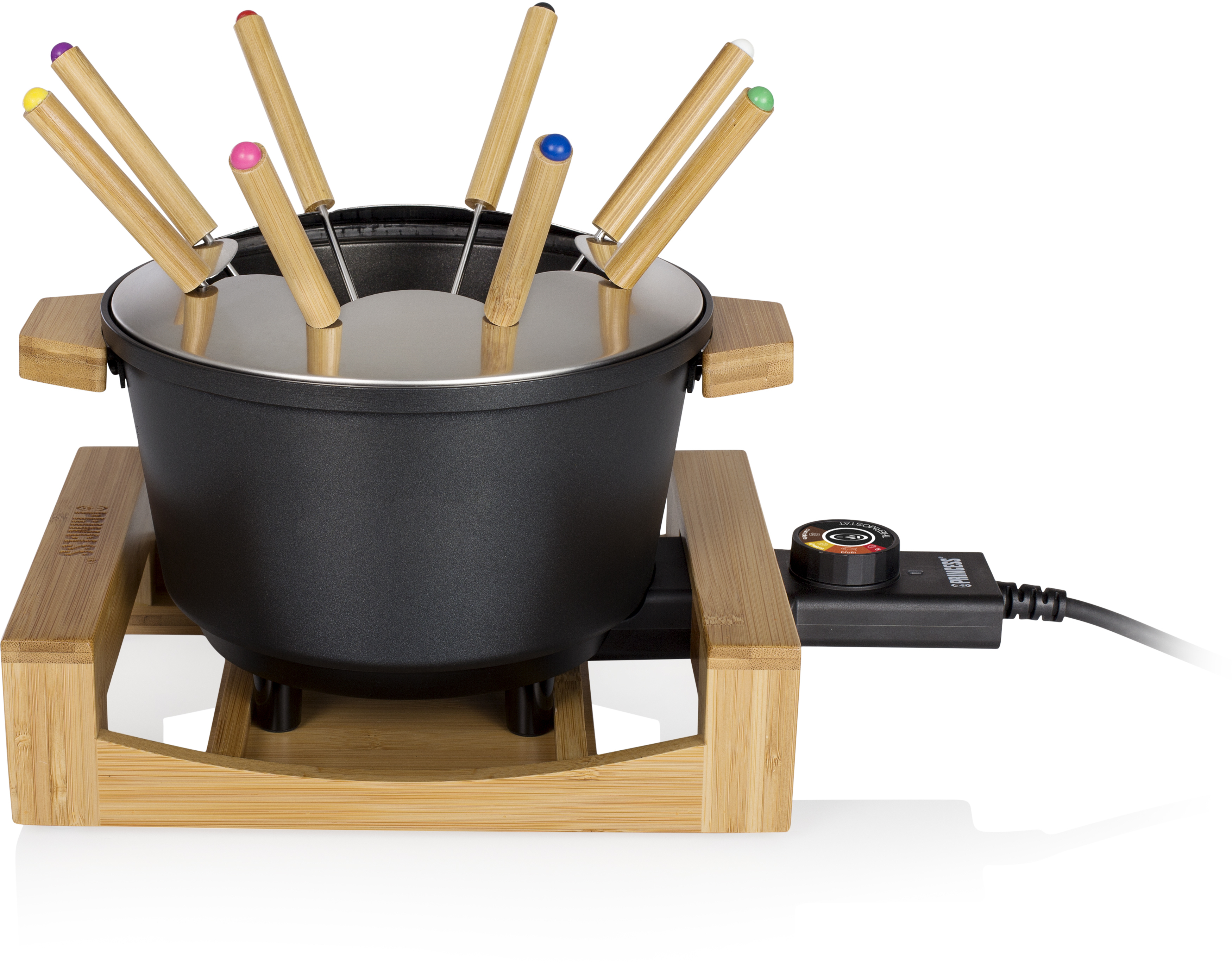 Een fondue set met kleurrijke vorken. De set is zwart en staat op een houten basis.