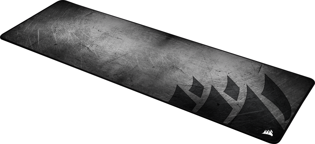 Un tapis de souris Corsair noir avec logo et surface texturée.
