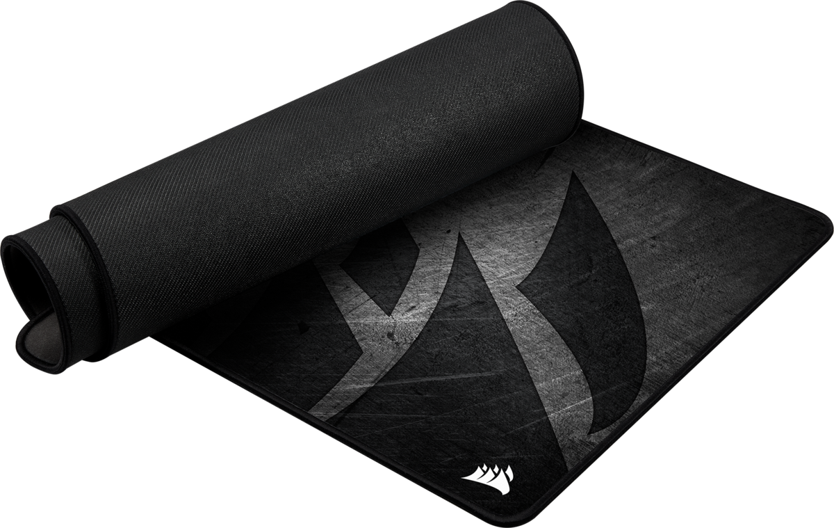 Tapis de souris de jeu noir et gris, enroulé.