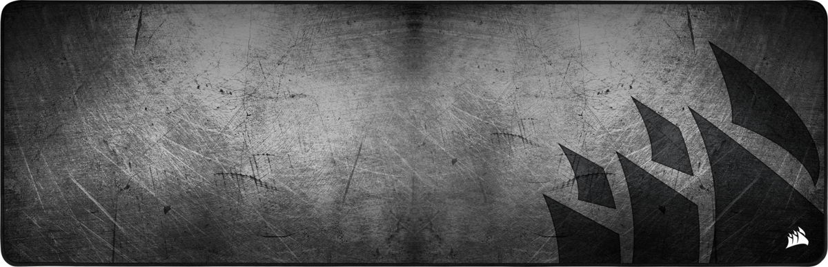 Tapis de souris long, texturé, noir et gris avec un logo à droite.