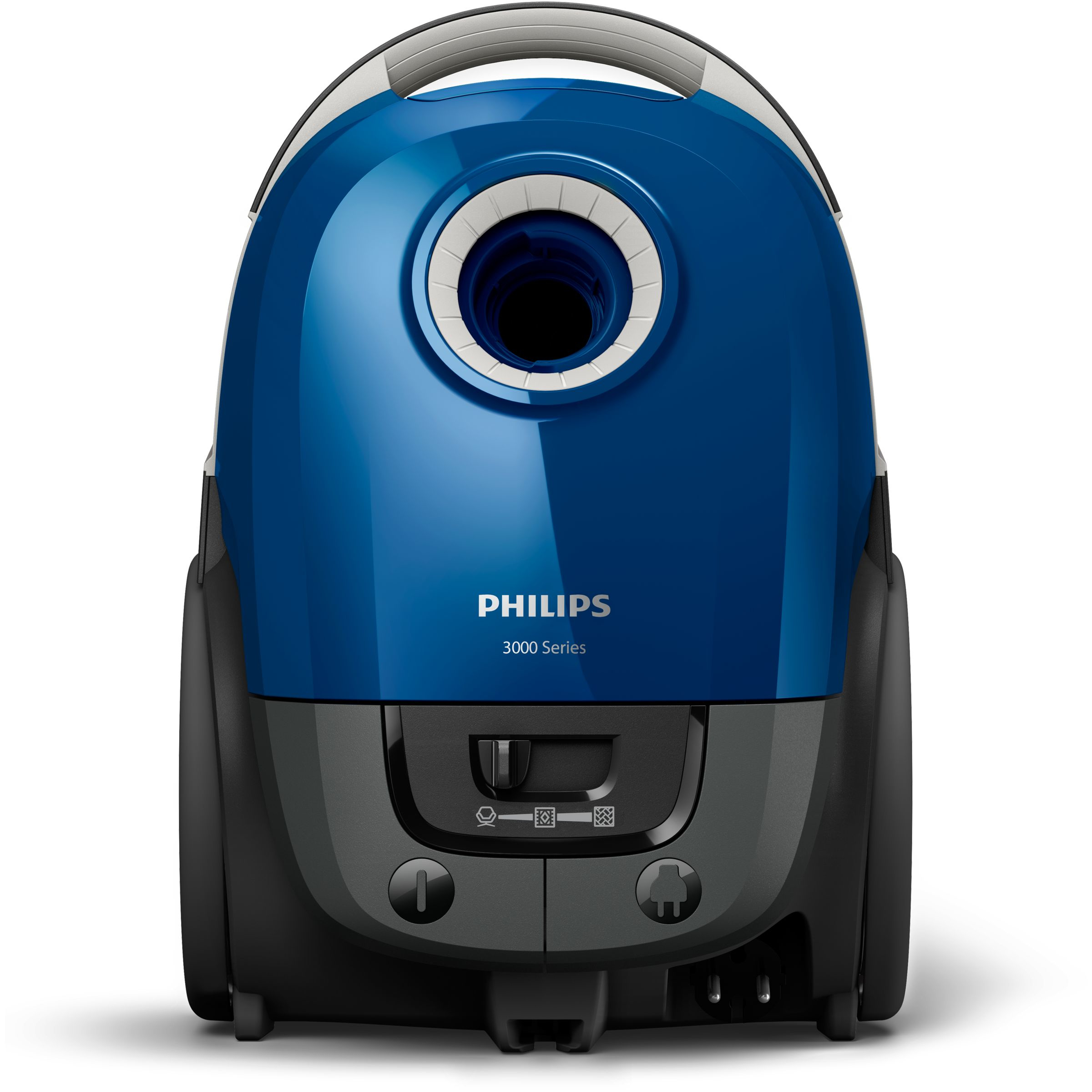Blau-schwarzer Philips Staubsauger, eine Frontansicht.