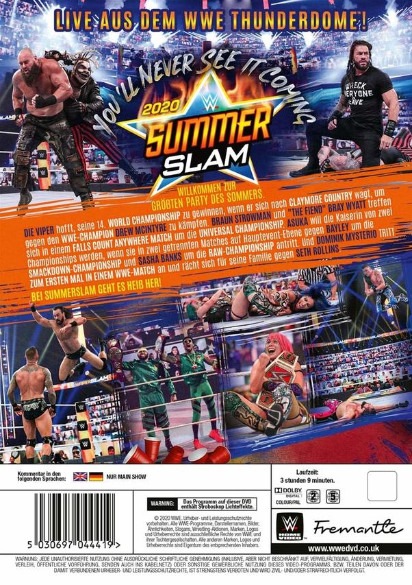 Rückseite einer WWE SummerSlam DVD. Wrestler und Text sind sichtbar. Der Hintergrund ist unscharf.