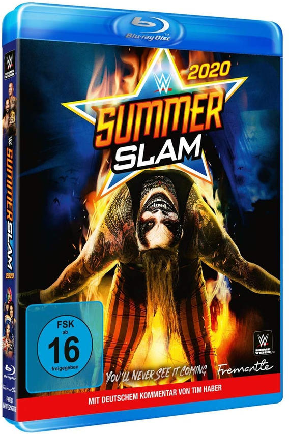 Blu-ray-Disc-Cover. Summer Slam 2020, ein Wrestling-Event. Ein Wrestler mit Gesichtsbemalung ist abgebildet.