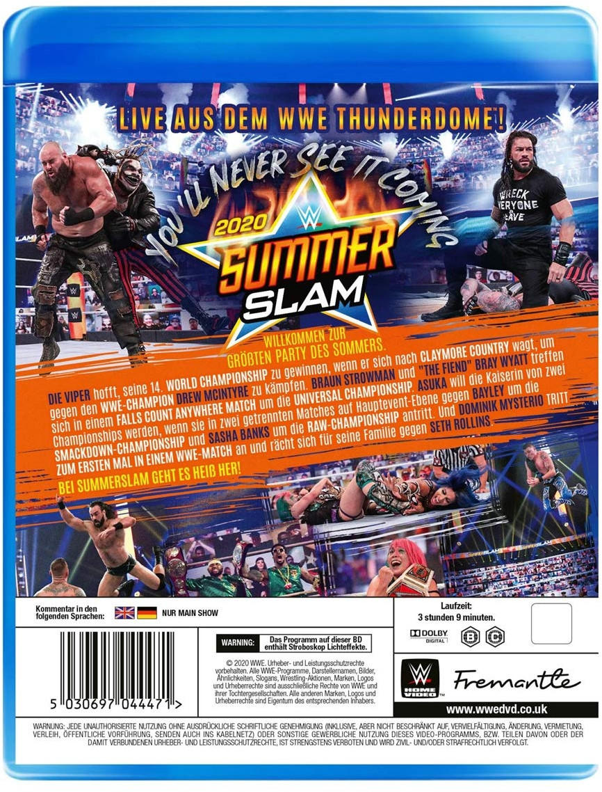 Eine WWE 2020 SummerSlam Blu-ray Disc mit Text und Bildern von Wrestlern.
