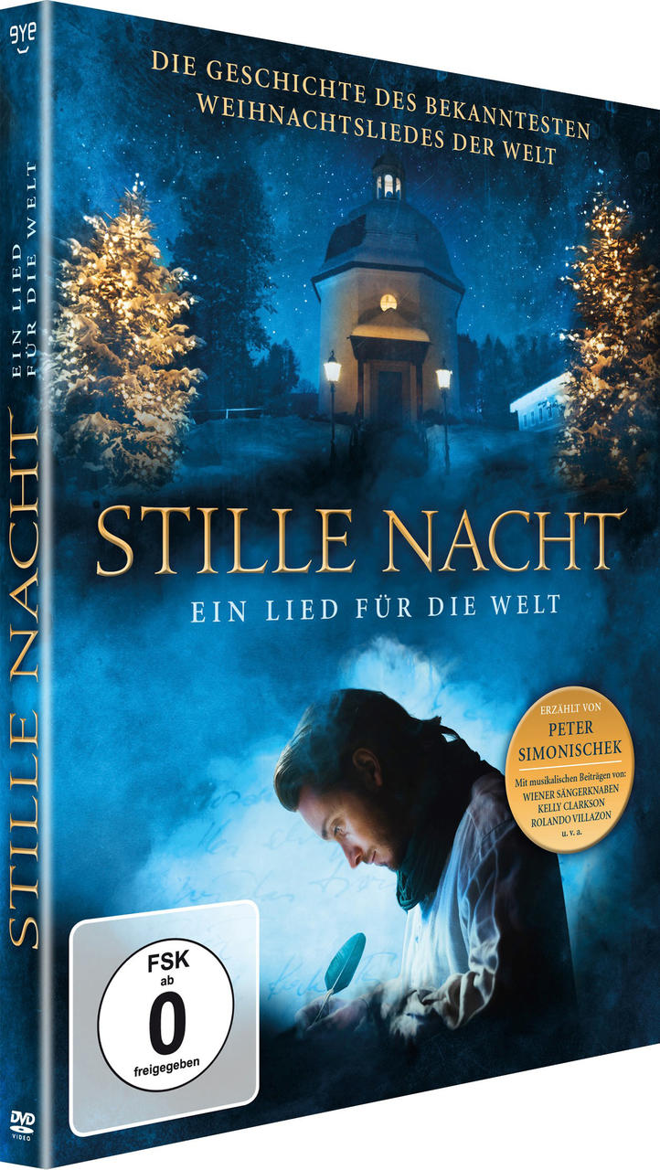 Filmcover, Nachtszene mit einem schreibenden Mann. Text: Stille Nacht, ein Lied für die Welt.