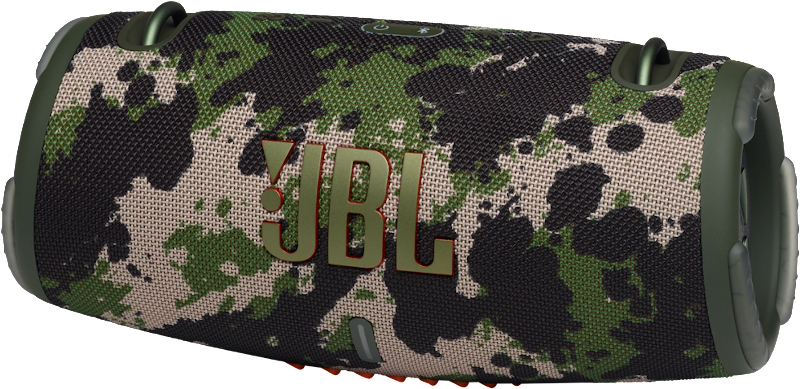 Tarnmuster JBL-Lautsprecher mit rotem JBL-Text.