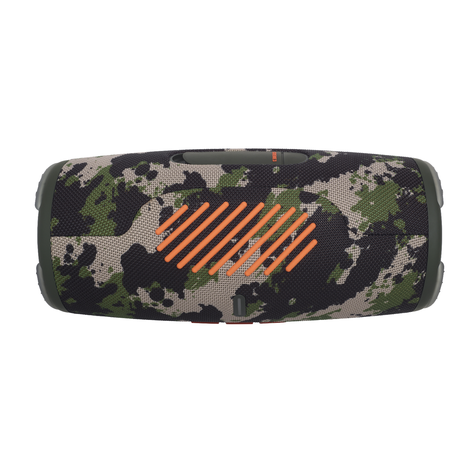 Ein JBL-Lautsprecher mit Tarnmuster und orangefarbenen Streifen.