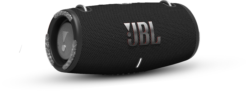 Schwarzer JBL-Lautsprecher mit Metallakzenten, zylindrischer Form und JBL-Logo.