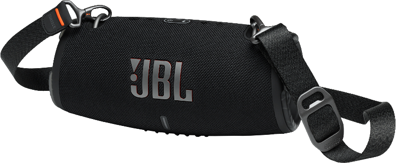 Schwarzer JBL-Lautsprecher mit Tragegurt. JBL-Logo rot auf der Vorderseite.