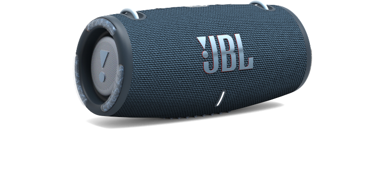 Ein blauer JBL-Lautsprecher, zylindrische Form, mit weißem Hintergrund.