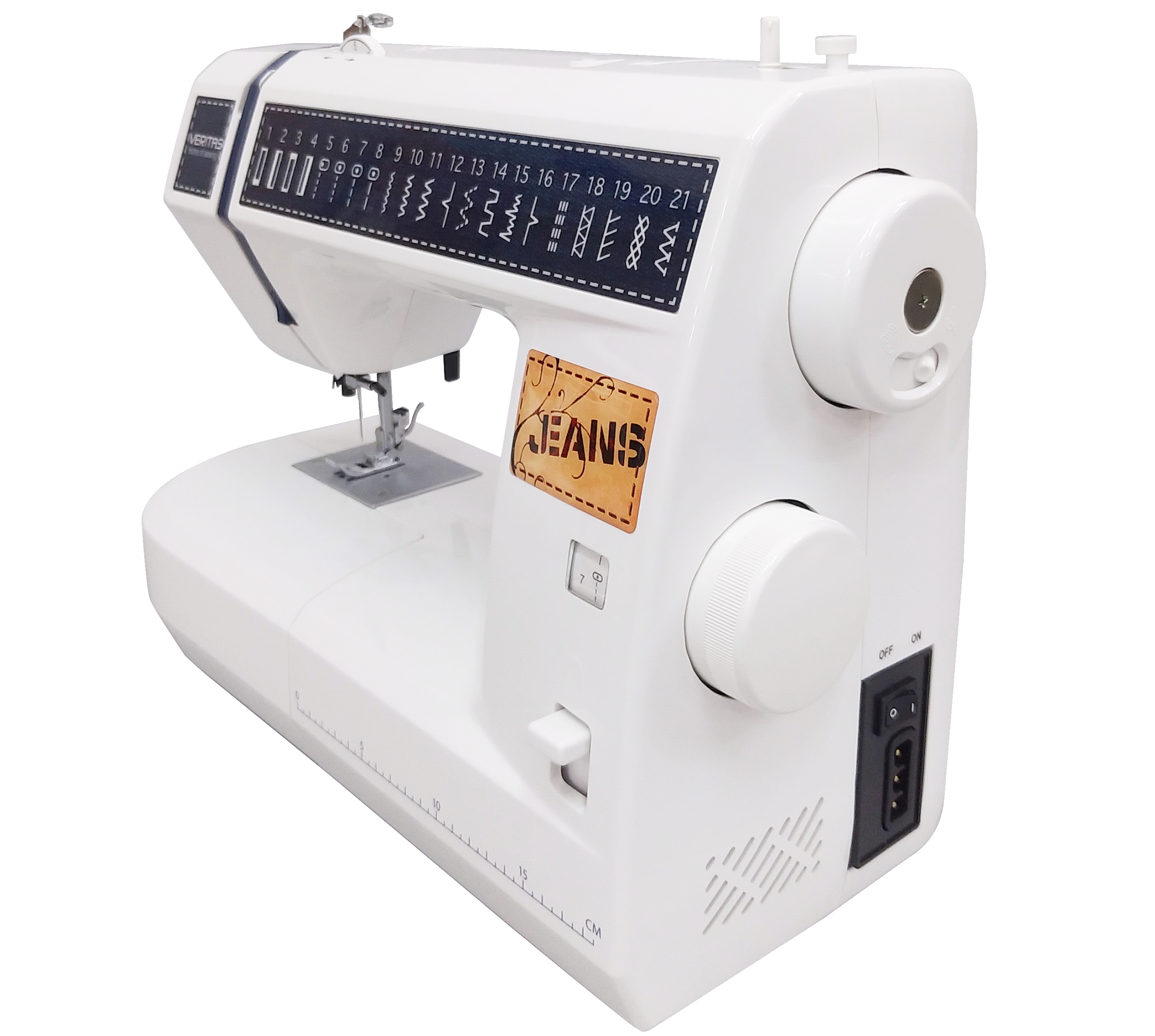 Weiße Nähmaschine mit 'JEANS'-Etikett, zeigt verschiedene Stichmuster.