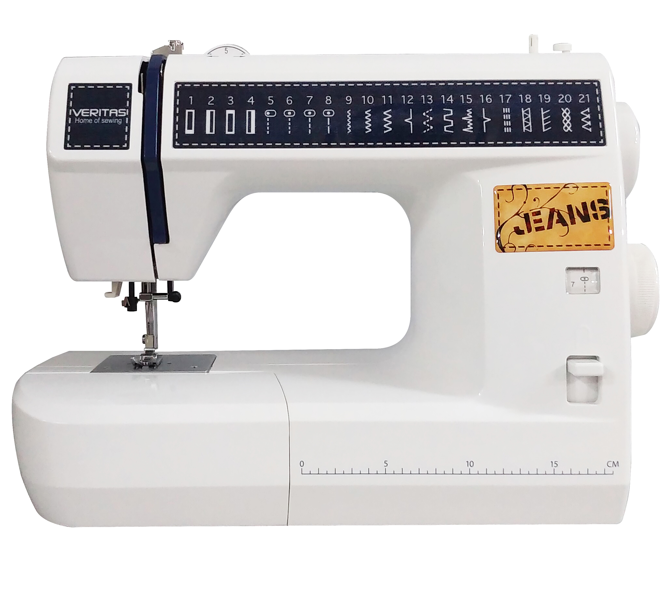 Eine weiße Nähmaschine mit dem Markennamen "VERITAS" und einem "JEANS" Aufkleber.