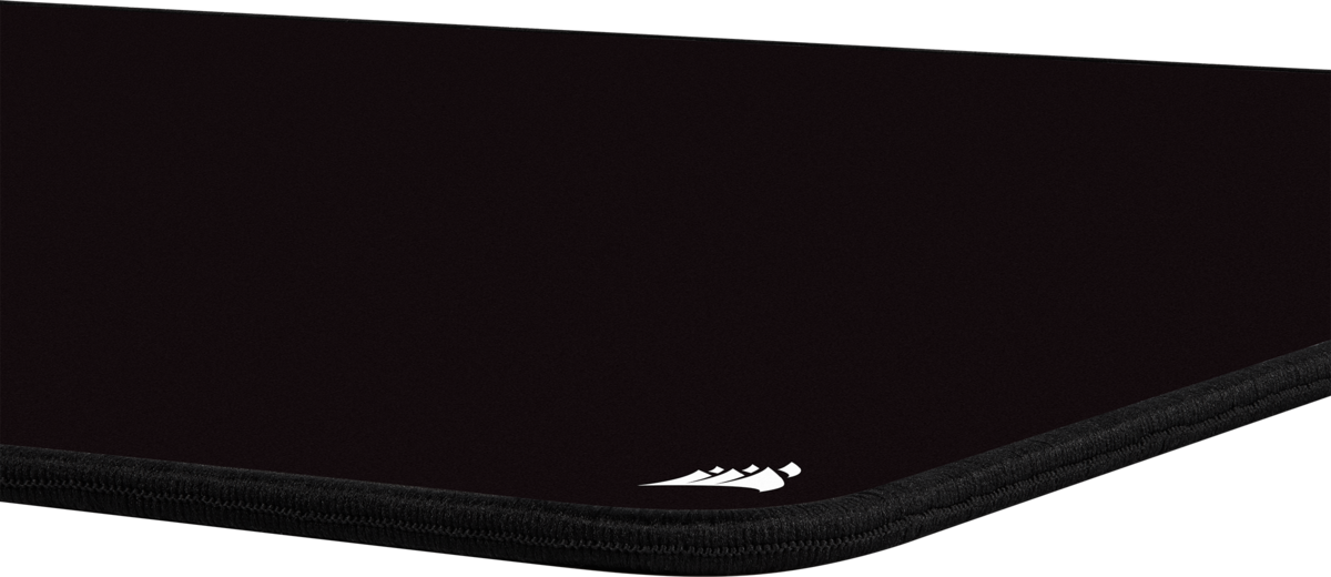 Tappetino per mouse Corsair nero con logo bianco nell'angolo.