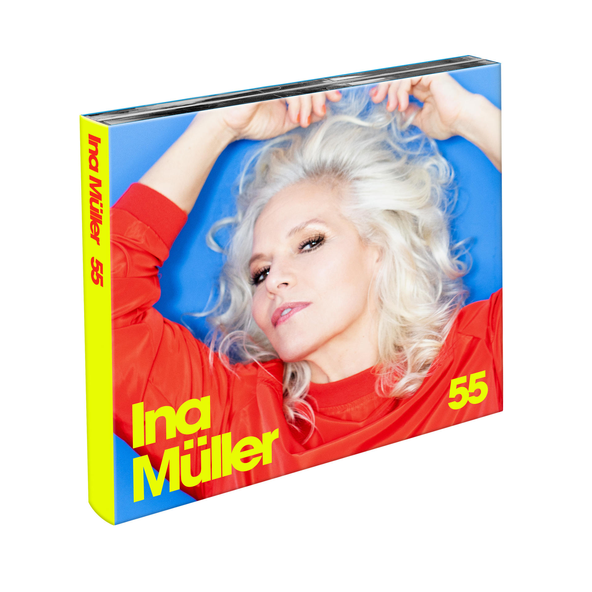 Albumcover mit Ina Müller in rotem Oberteil. Das Cover hat einen blauen Hintergrund und gelben Text.