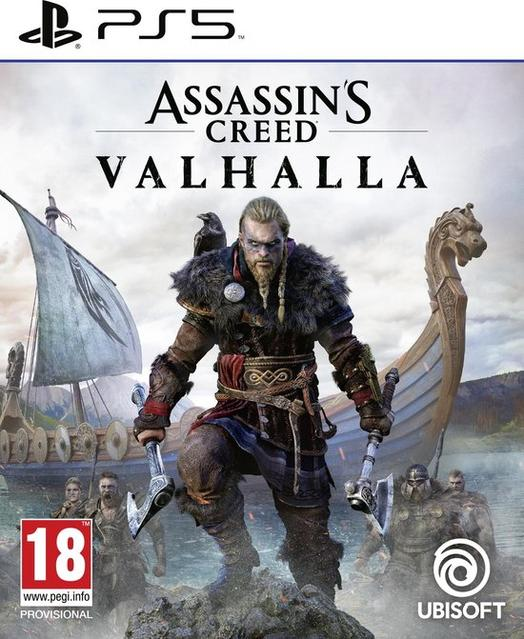 Gamecover voor Assassin's Creed Valhalla, met een Viking en een langschip.