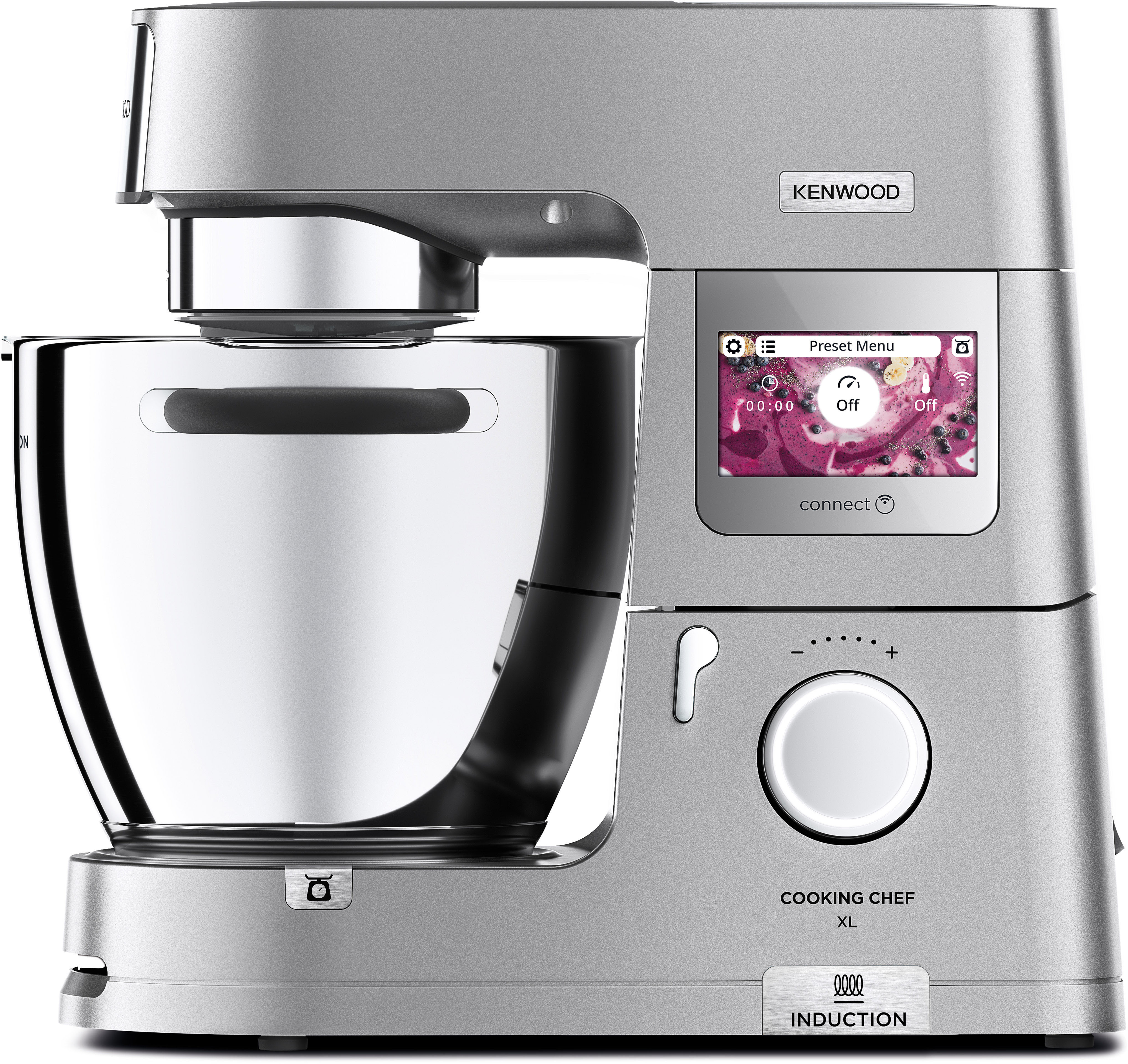 Un elettrodomestico da cucina argentato Kenwood Cooking Chef XL, vista frontale.