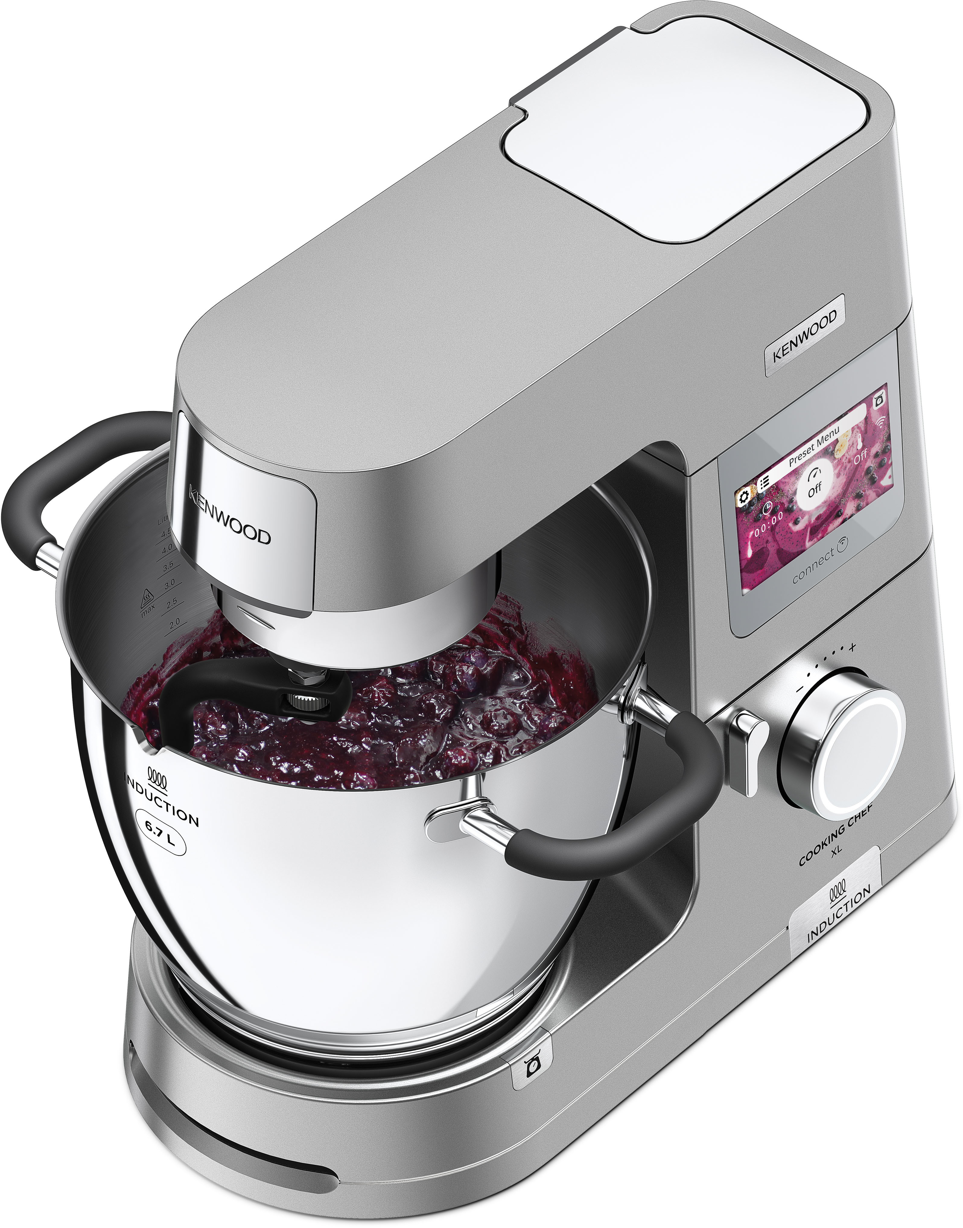 Robot da cucina Kenwood argentato con una ciotola, ingredienti all'interno.