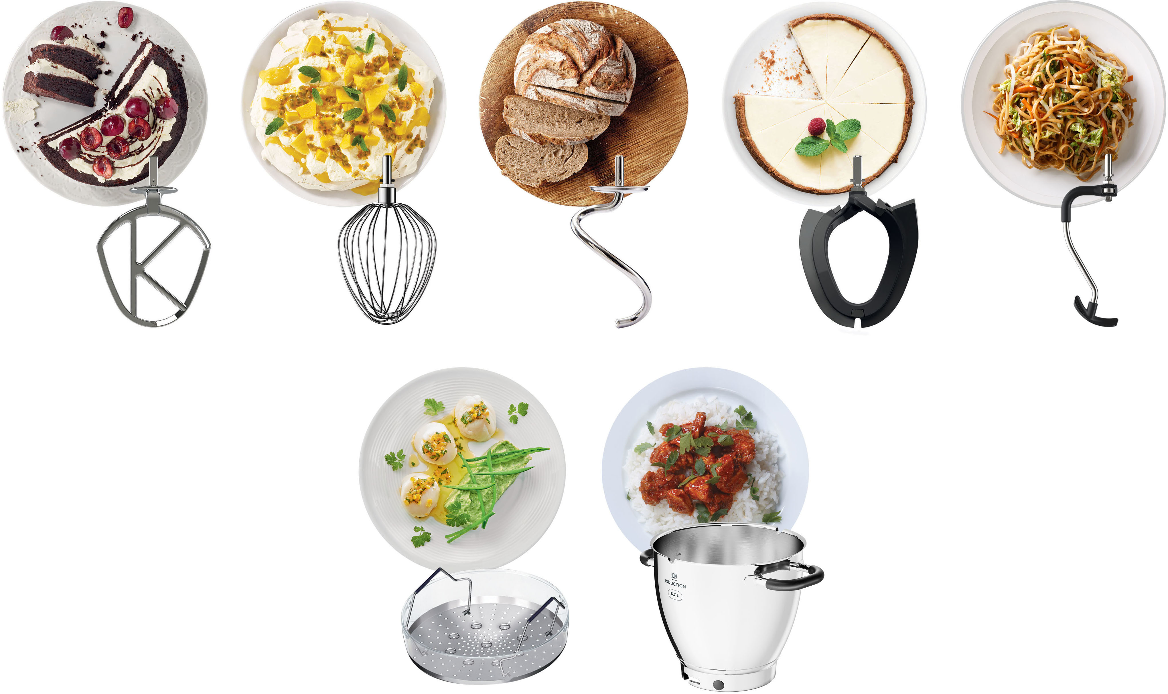 Vari piatti e utensili da cucina: torta, una frusta, pane, cheesecake, noodles e una vaporiera.
