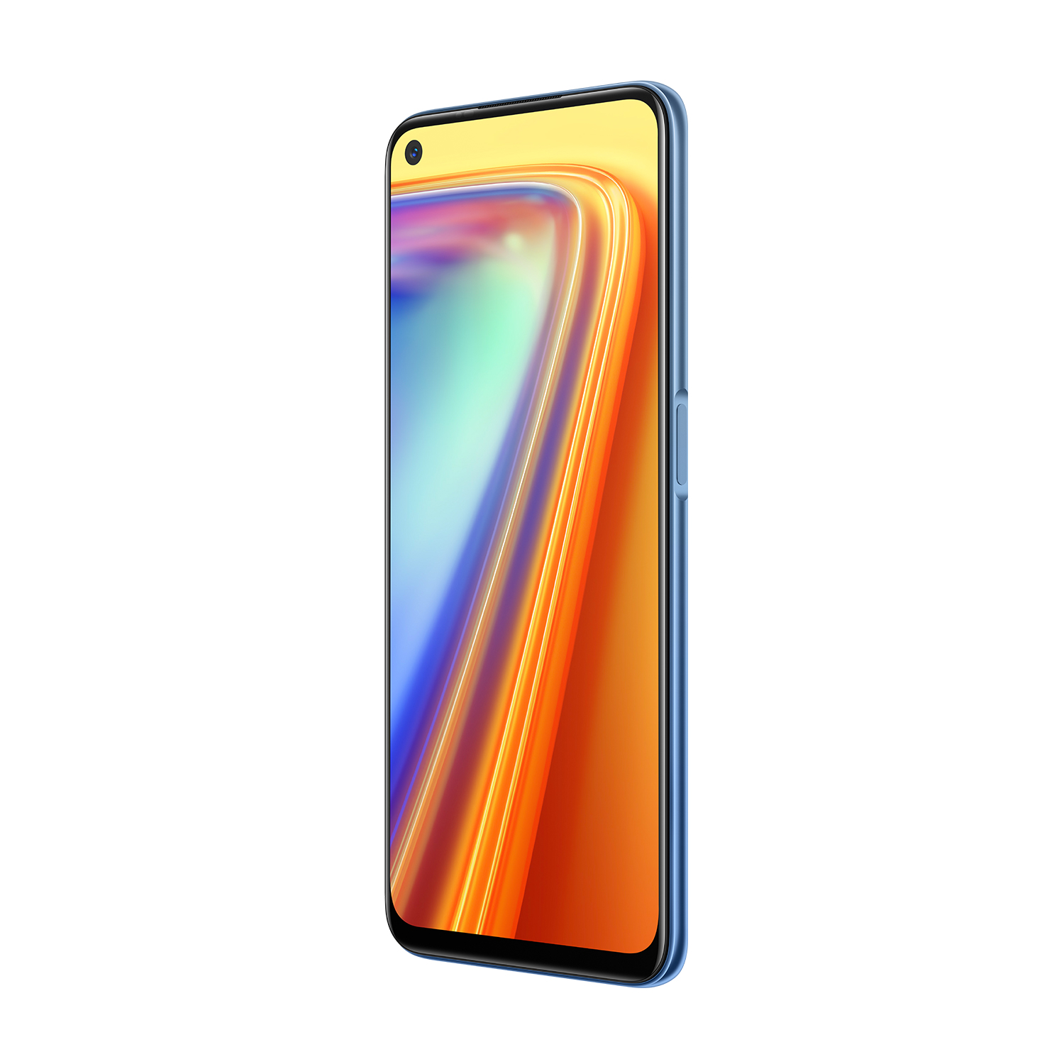 Un teléfono inteligente azul con una vibrante pantalla naranja y amarilla.