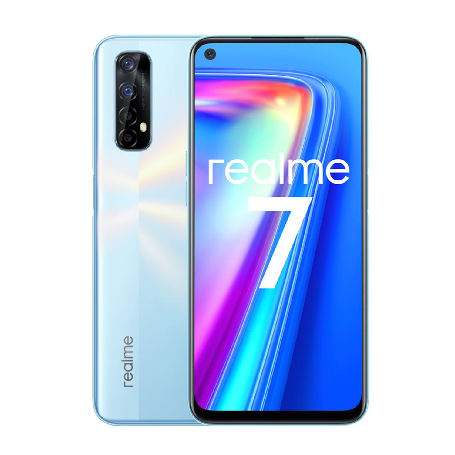 Smartphone Realme 7. Parte trasera azul claro con varias cámaras. La parte delantera es azul con texto blanco.