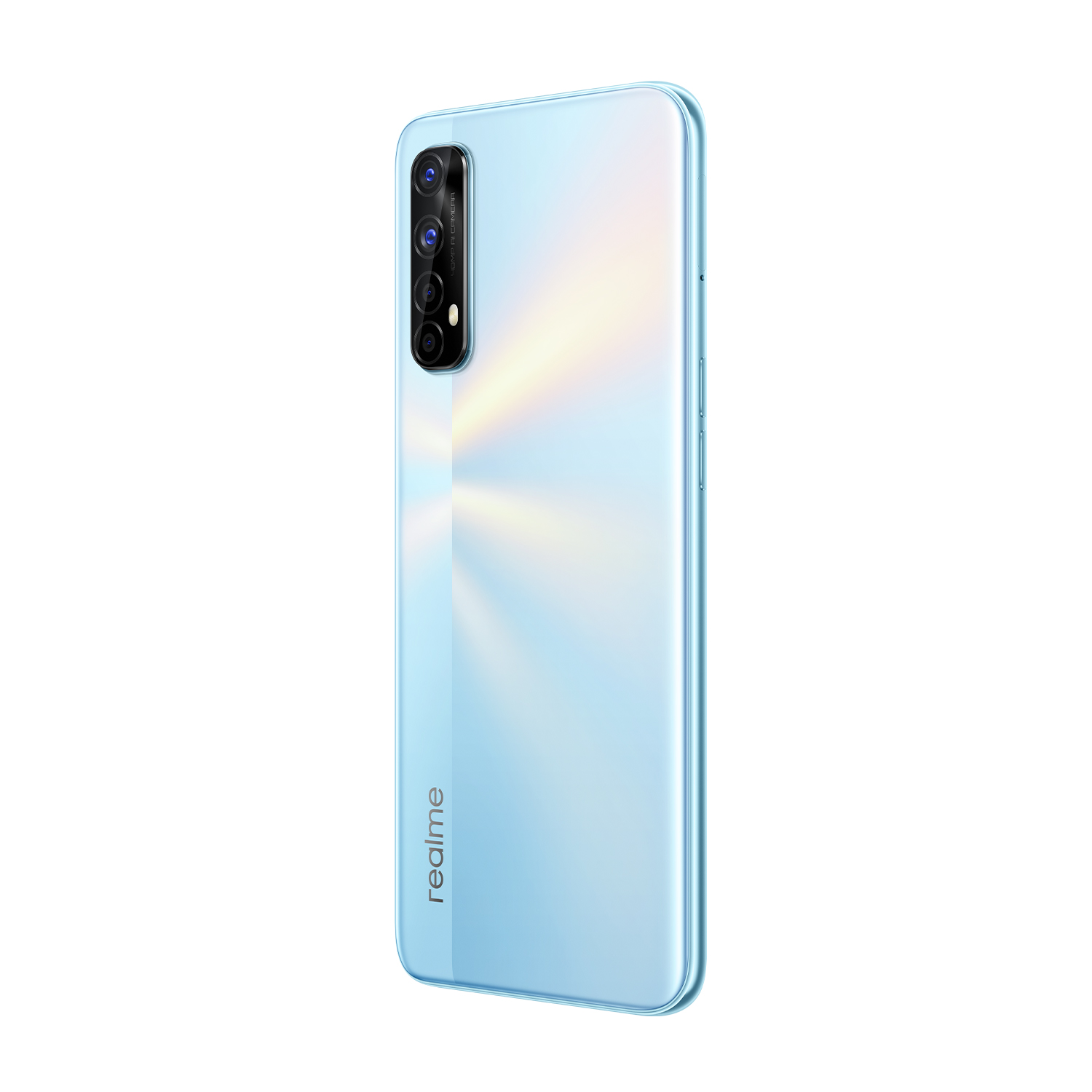 Teléfono Realme azul claro, vista trasera, con cámaras y parte trasera blanca.