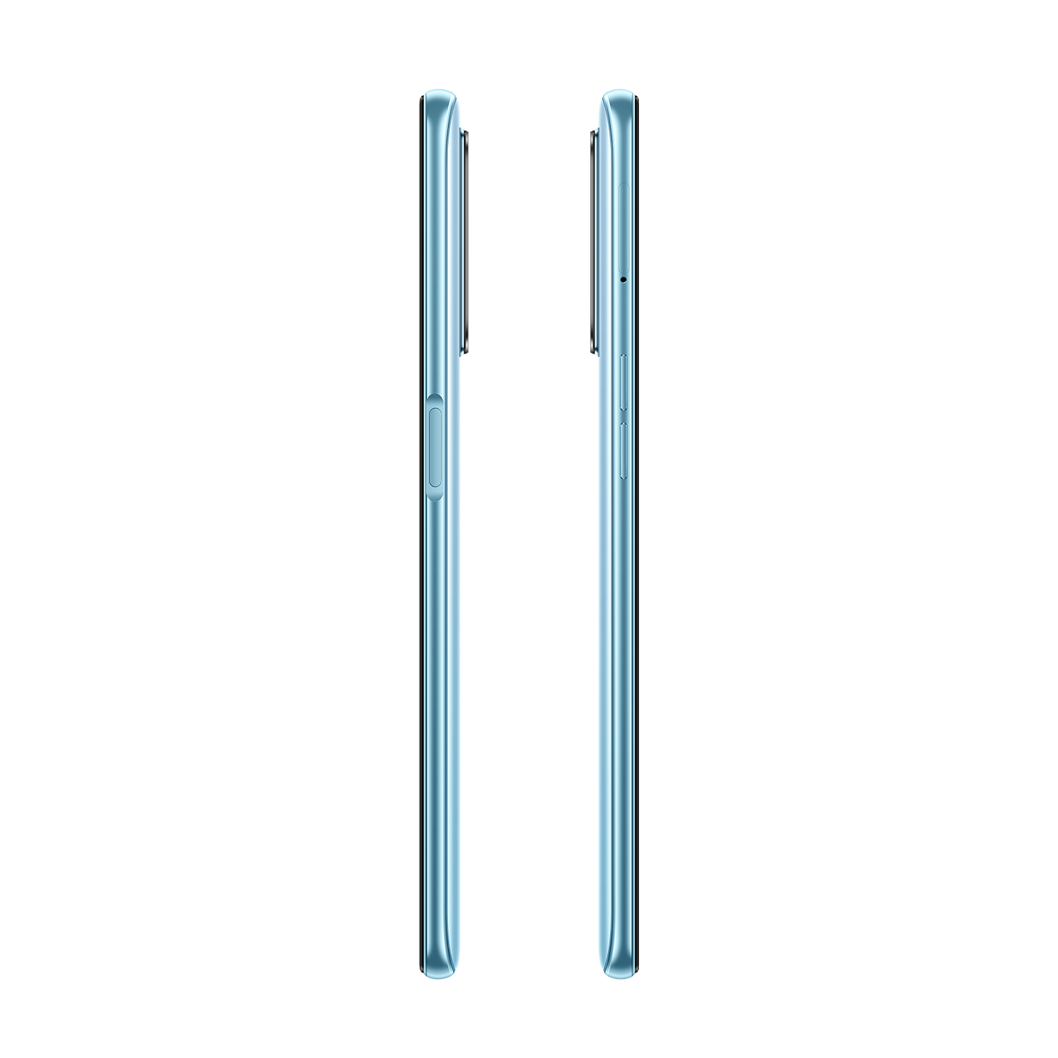 Dos teléfonos móviles azules uno al lado del otro, sobre fondo blanco.