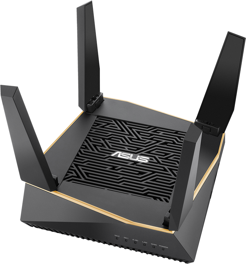 Fekete-arany ASUS router, kinyújtott antennákkal.