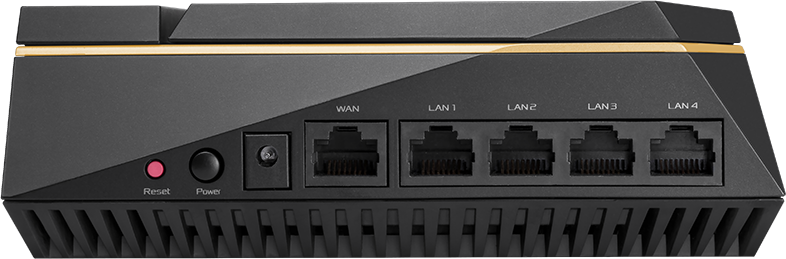 Fekete router hátulja portokkal és bekapcsológombbal. WAN, LAN portok láthatók.