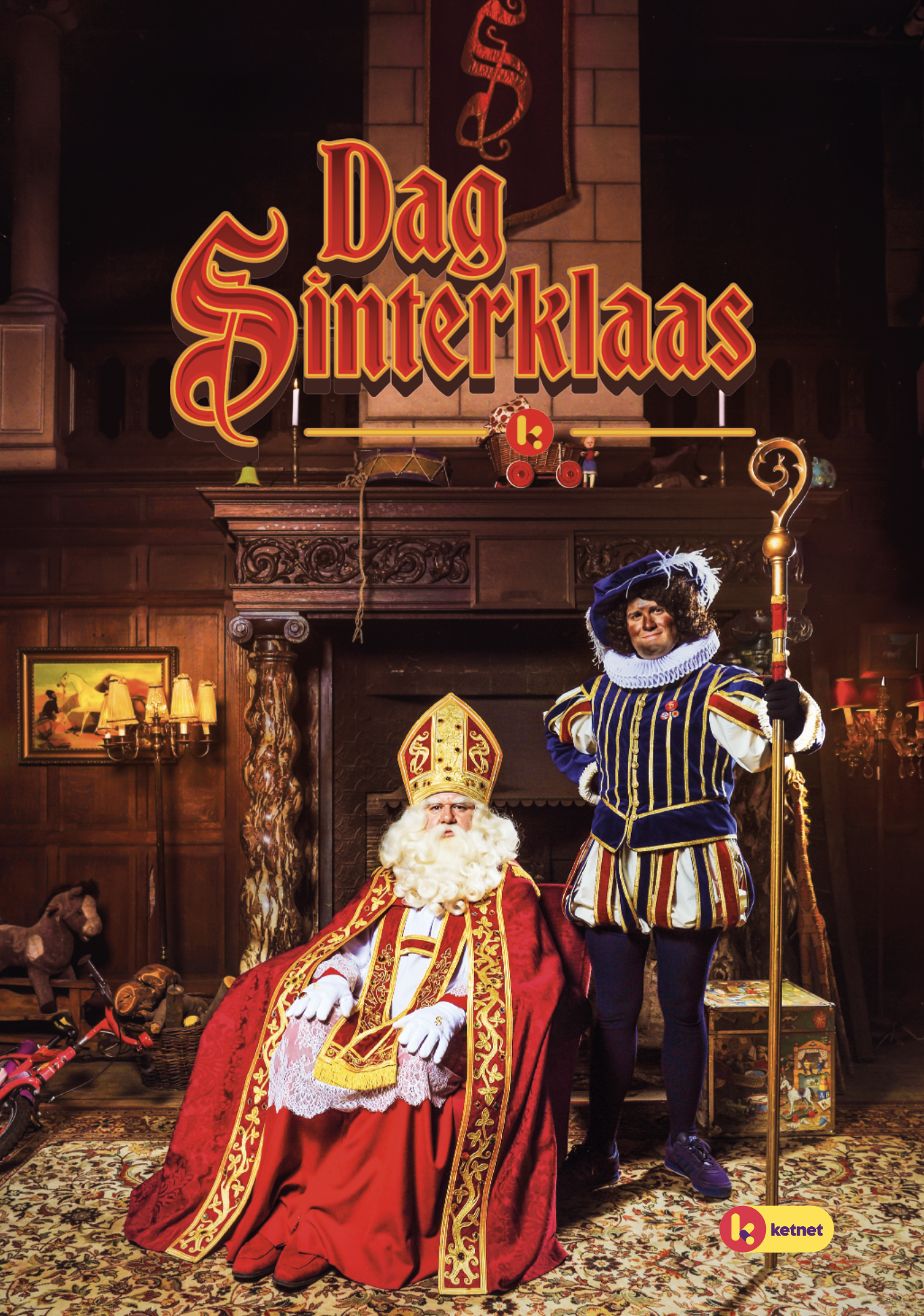 Couverture de 'Dag Sinterklaas' avec Sinterklaas, un assistant et un intérieur néerlandais. Titre en rouge, texte visible.