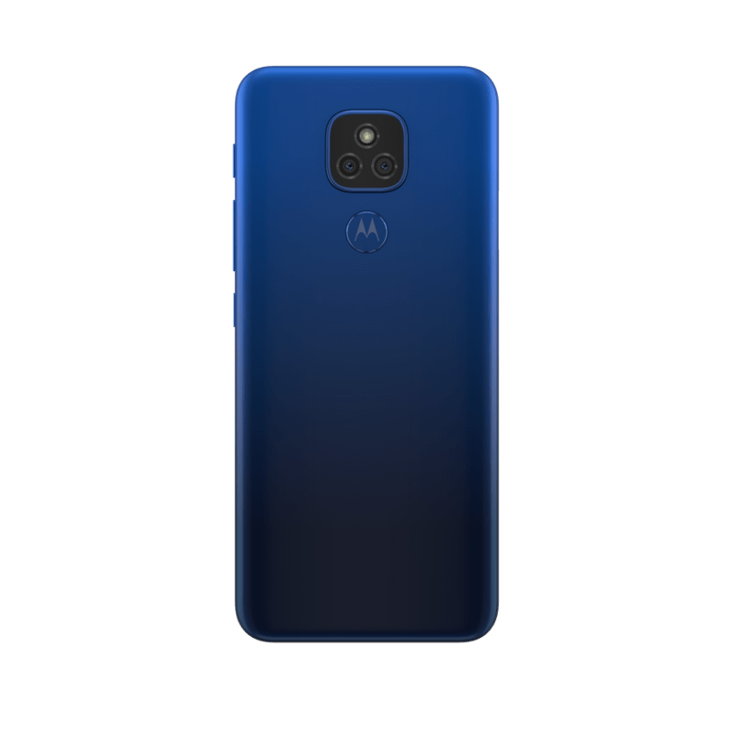 Una funda para teléfono Motorola azul oscuro, vista trasera.