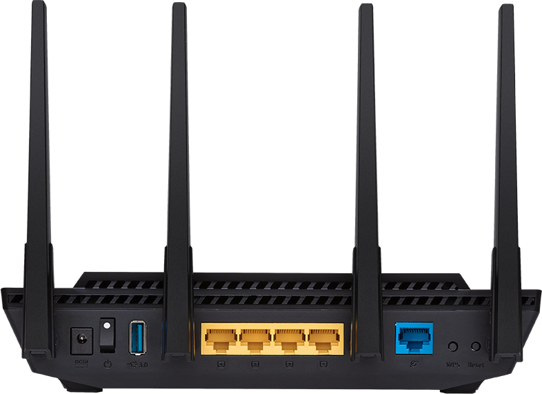 Fekete ASUS router. Négy antenna és több port látható a hátoldalon.