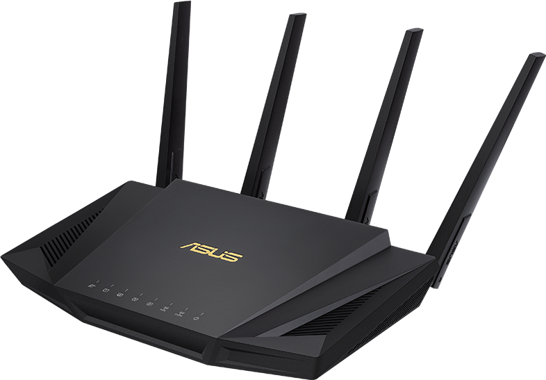 Fekete ASUS router négy antennával. A középen az arany ASUS logó látható.